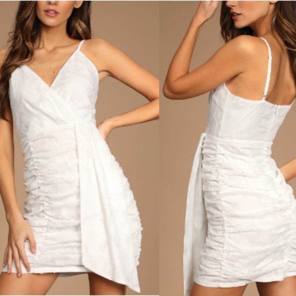 Lulus Women's White Floral Burnout Chiffon Ruched Party Dress Medium